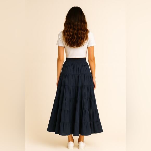MISA LOS ANGELES Tiered Maxi Peasant Skirt Navy Blue Smocked Pull On XS NEW - Picture 4 of 15
